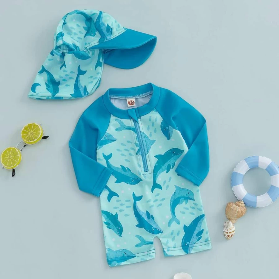 Hnyenmcko Boys Rash Guard Swimsuits Long Sleeve One-Piece Zipper Sun Protection Swimwear for Baby Toddler Infant Beach Pool