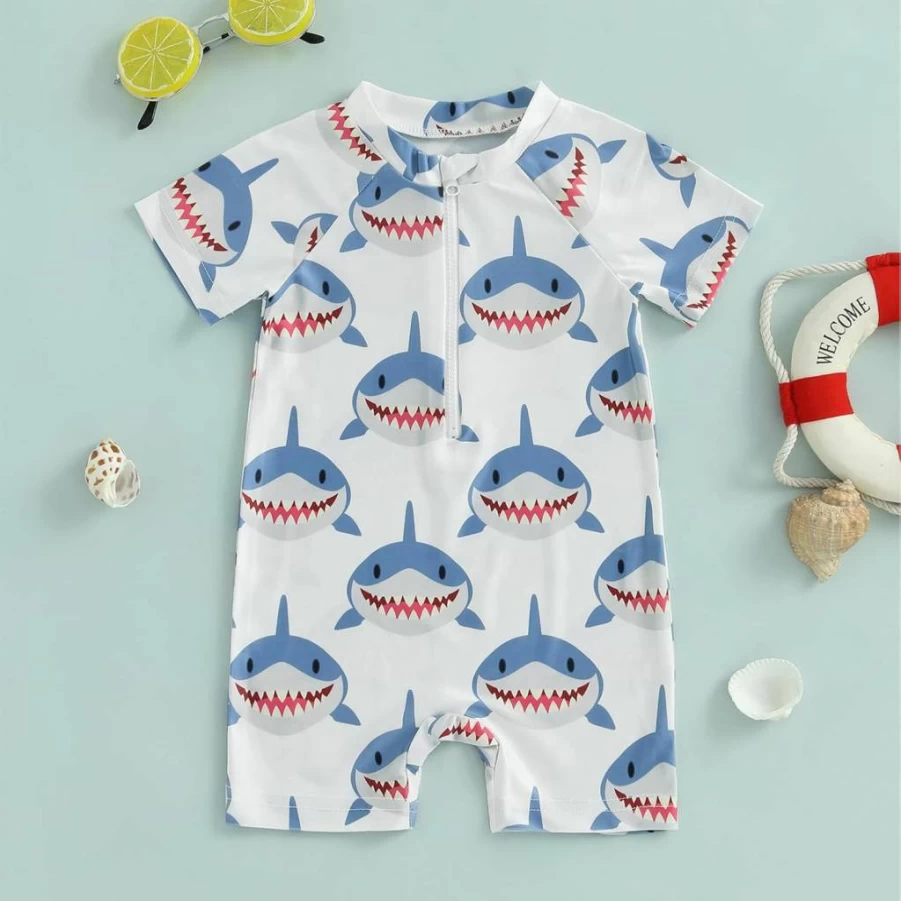 Xiaodriceee Boys Shark One Piece Swimsuit with Zipper Rash Guard for Toddler and Infant Swimwear
