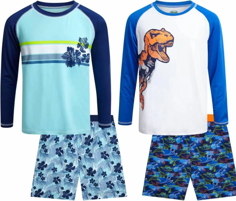 Quad Seven Boys 4-Piece Swim Set - Board Shorts, Long Sleeve Rash Guard for Kids (Sizes 5-12) | UV Protection Swimwear for Boys
