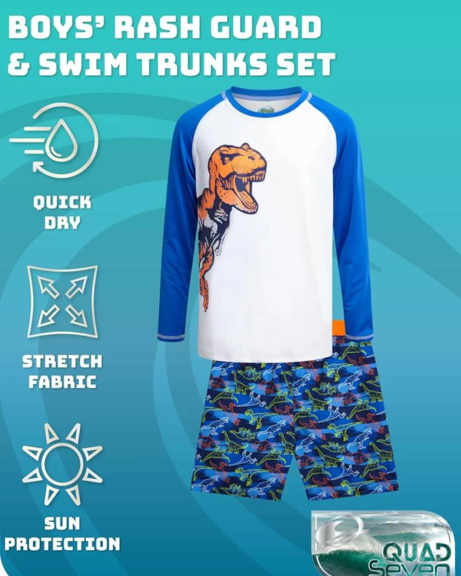 Quad Seven Boys 4-Piece Swim Set - Board Shorts, Long Sleeve Rash Guard for Kids (Sizes 5-12) | UV Protection Swimwear for Boys