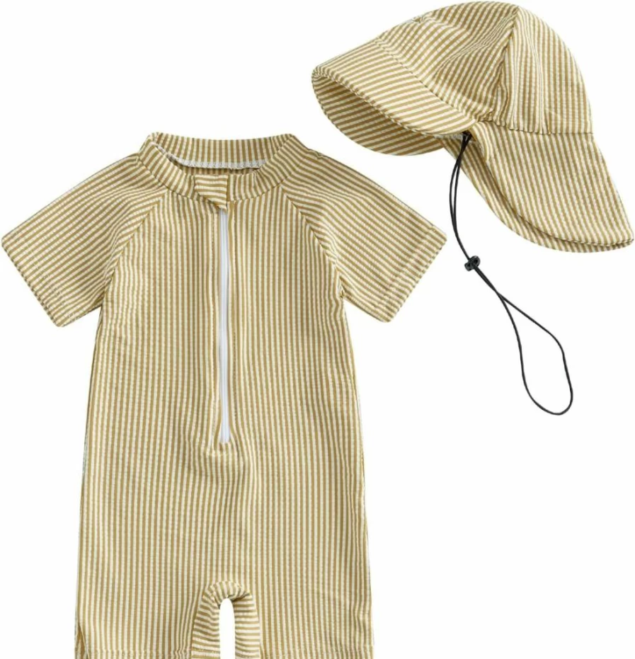 Nibbcoa Boys' Seersucker Rash Guard Swimsuits with Hat – UPF 50+ Short Sleeve One-Piece Bathing Suit for Toddler & Baby