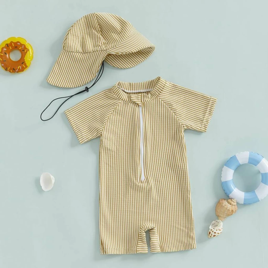 Nibbcoa Boys' Seersucker Rash Guard Swimsuits with Hat – UPF 50+ Short Sleeve One-Piece Bathing Suit for Toddler & Baby