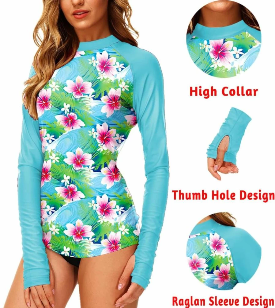AOBUTE Women's UPF 50+ High Neck Rash Guard Surf Shirt with Thumb Holes for Swim & Sun Protection