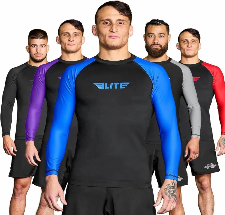 Elite Sports Men's BJJ Rash Guard Long Sleeve Compression Shirt - NoGi Training & MMA Fight Wear - Moisture Wicking Performance Top for Brazilian Jiu Jitsu