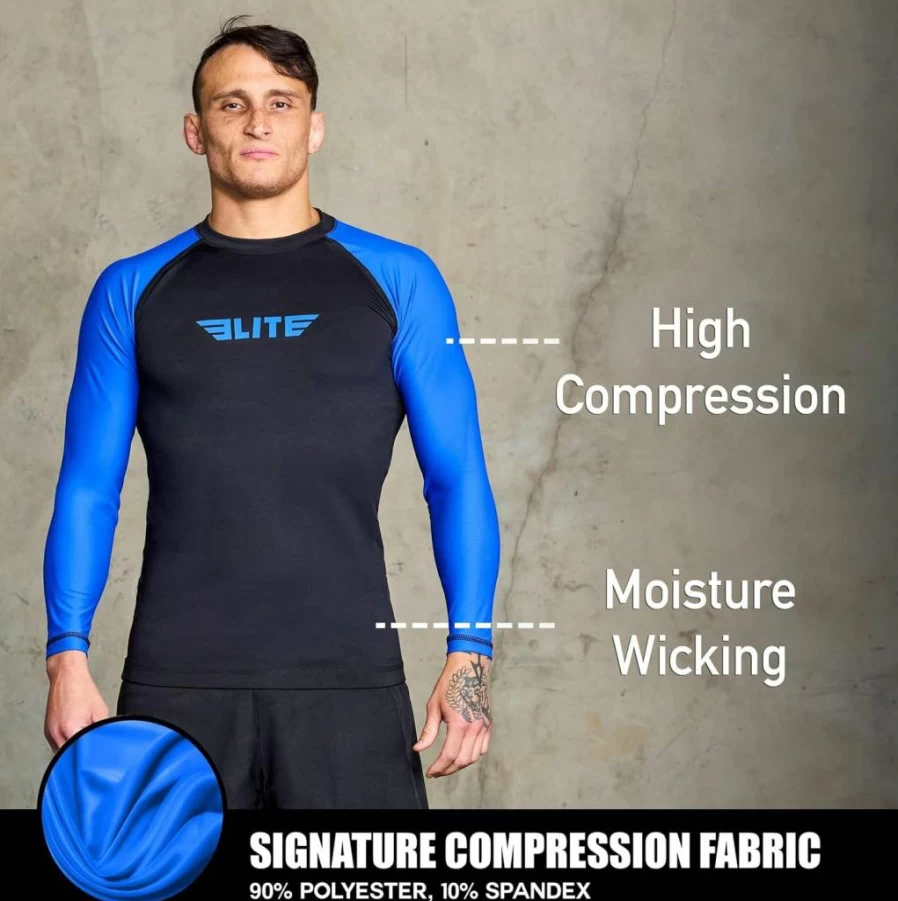 Elite Sports Men's BJJ Rash Guard Long Sleeve Compression Shirt - NoGi Training & MMA Fight Wear - Moisture Wicking Performance Top for Brazilian Jiu Jitsu