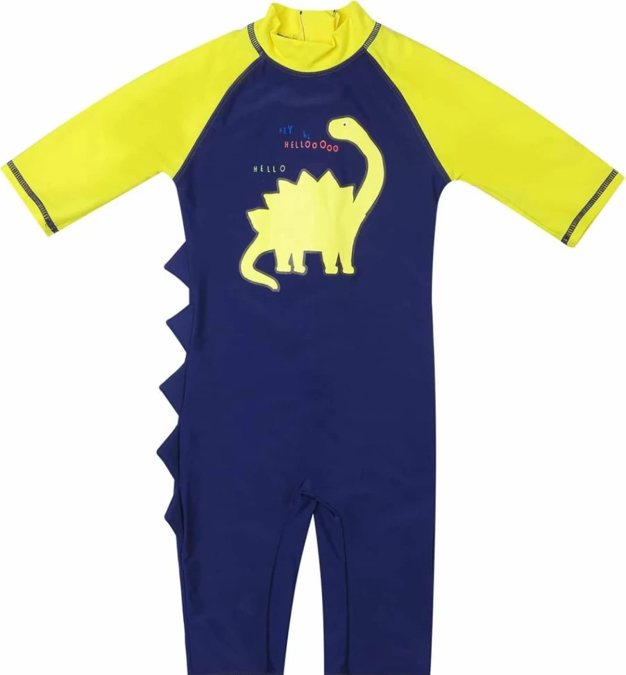LIZENS Boys' Dinosaur Rash Guard Swim Shirt - UPF 50+ Sun Protection, Short Sleeve One-Piece Swimwear with Zipper for Toddlers