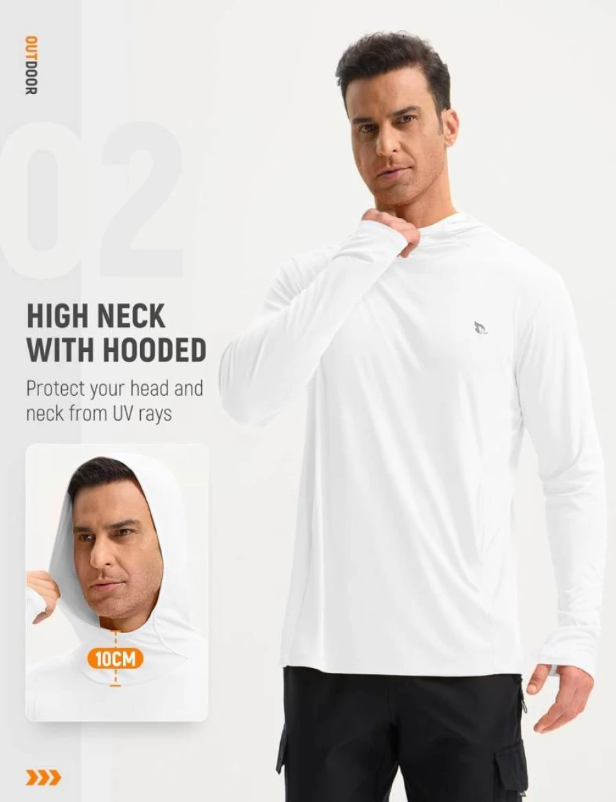 Baleaf Men's UPF 50+ Sun Protection Hoodie with Kangaroo Pocket - UV SPF Performance Fishing Shirt Long Sleeve Rash Guard for Outdoor Activities