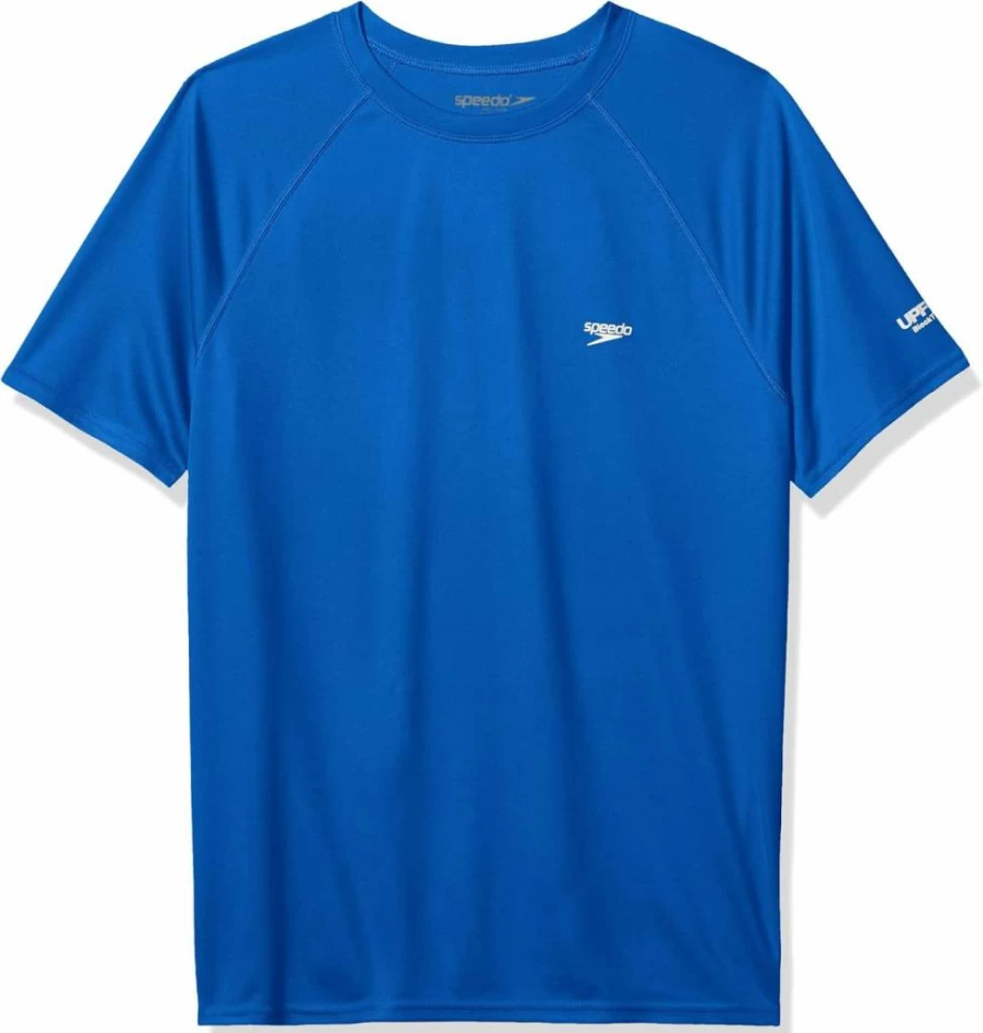 Speedo Men's UV Protection Swim Shirt Short Sleeve Quick Dry Solid Color Rash Guard