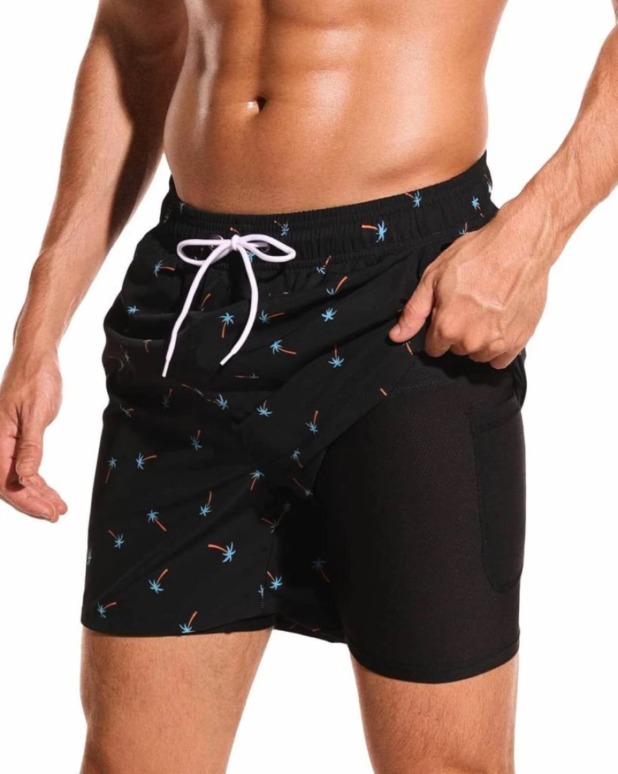 SILKWORLD Men's Quick-Dry 2-in-1 Swim Trunks with Compression Liner & Zipper Pockets for Swimming