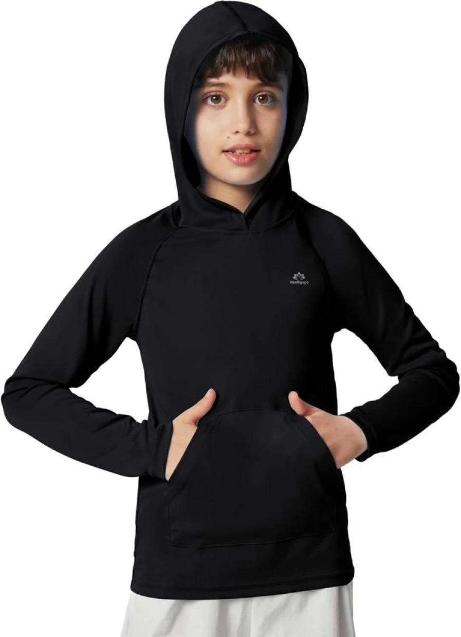 Heathyoga UPF 50+ Boys Sun Protection Hooded Rash Guard Swim Shirt with Pocket for Toddler Kids Fishing Swimming