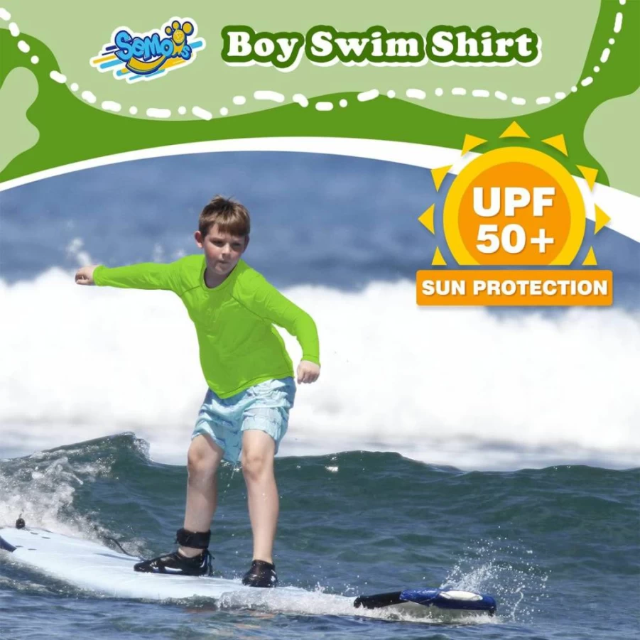 Semois Boys' UPF 50+ Long Sleeve Rash Guard Sun Shirt for Toddler Kids - Waterproof Swim Shirt for Pool & Beach