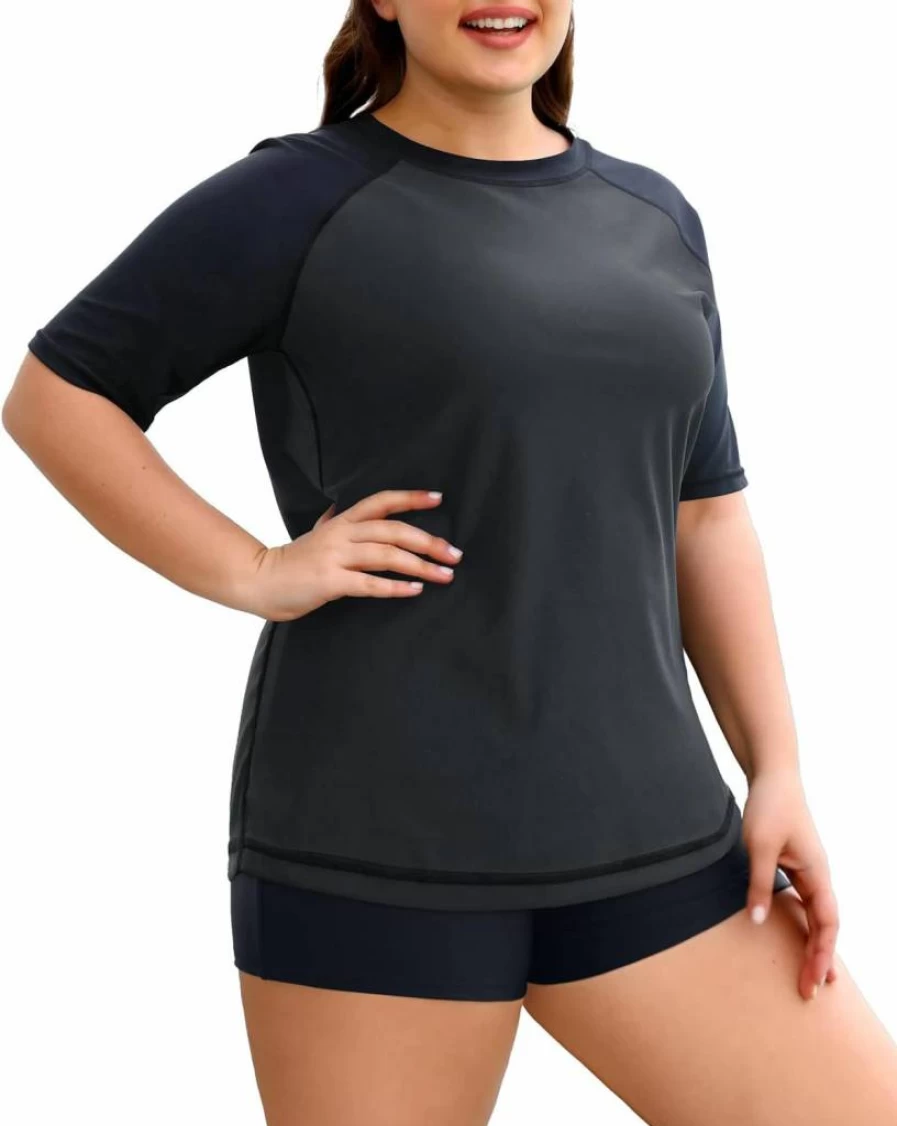 Holipick Women's Plus Size UPF 50+ Rash Guard Swimsuit Set - Short Sleeve Swim Shirt & Shorts