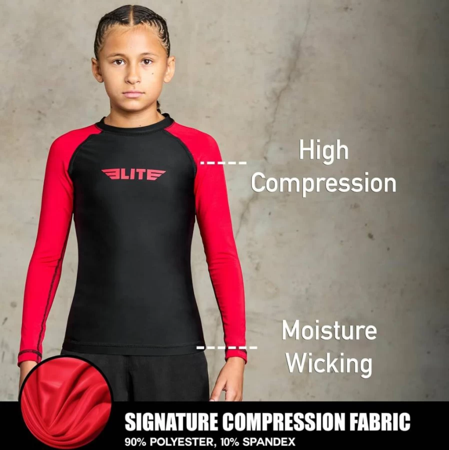 Elite Sports Kids & Youth BJJ Rash Guard - Full Sleeve Compression Shirt for Boys and Girls