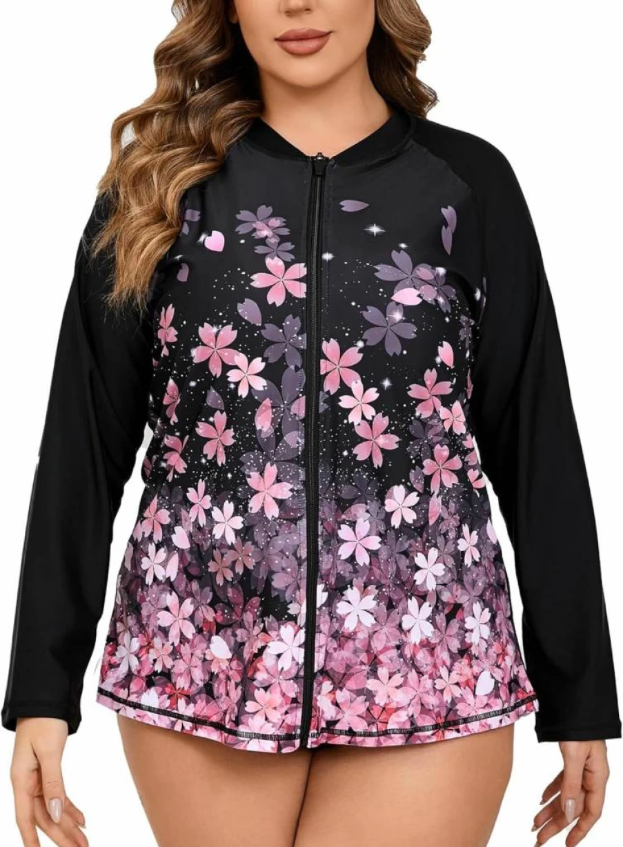 Halcurt Women's Plus Size UPF 50+ Long Sleeve Zip Front Rash Guard Swim Top - Loose Fit Quick Dry Sun Protective Swim Shirt
