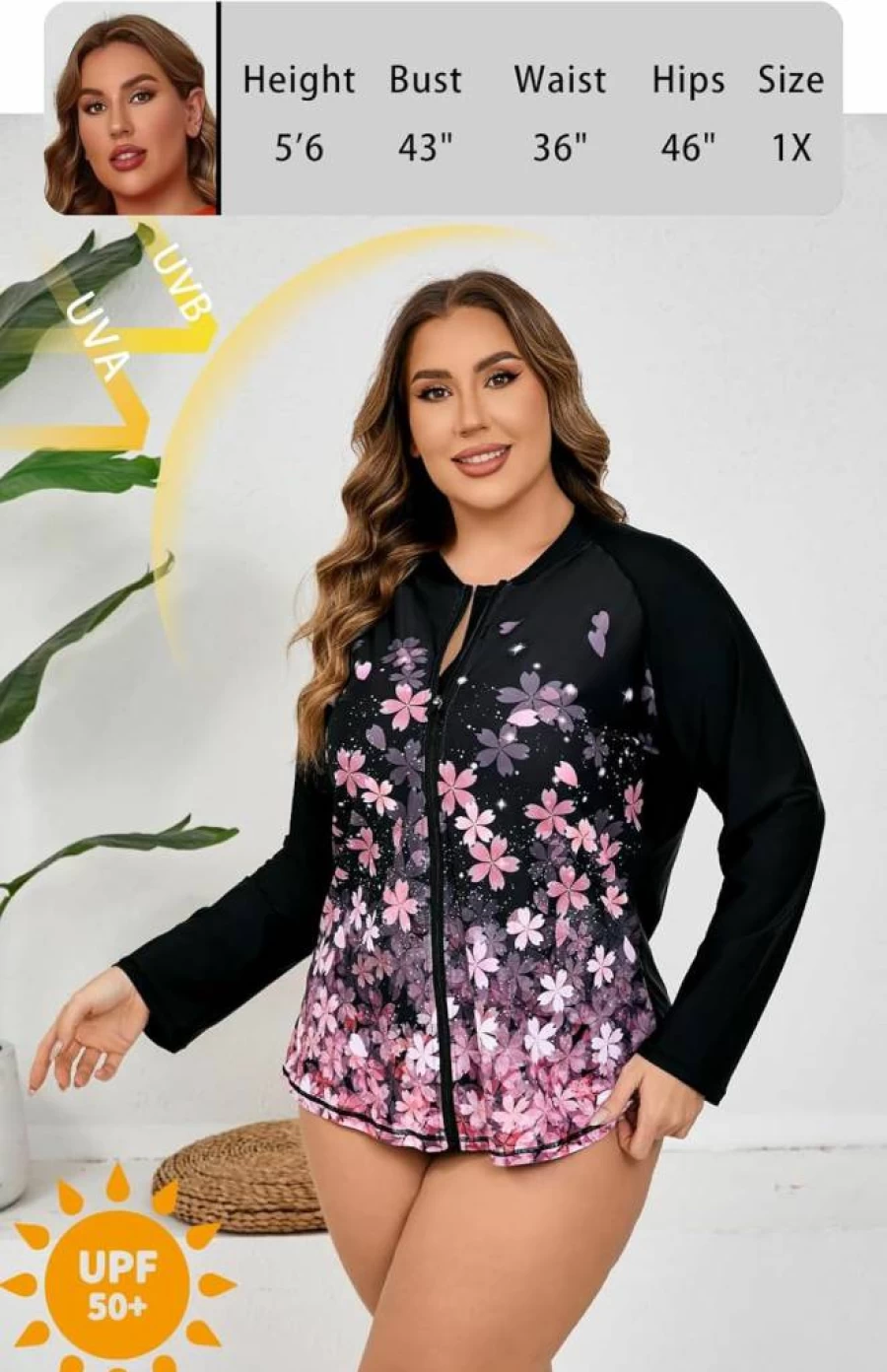 Halcurt Women's Plus Size UPF 50+ Long Sleeve Zip Front Rash Guard Swim Top - Loose Fit Quick Dry Sun Protective Swim Shirt