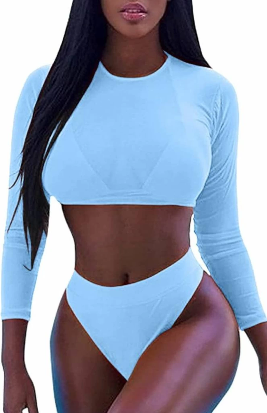 Meyeeka Women's High Waist Long Sleeve Rash Guard Swimsuit 3-Piece Set - Sexy UV Protection Swimwear