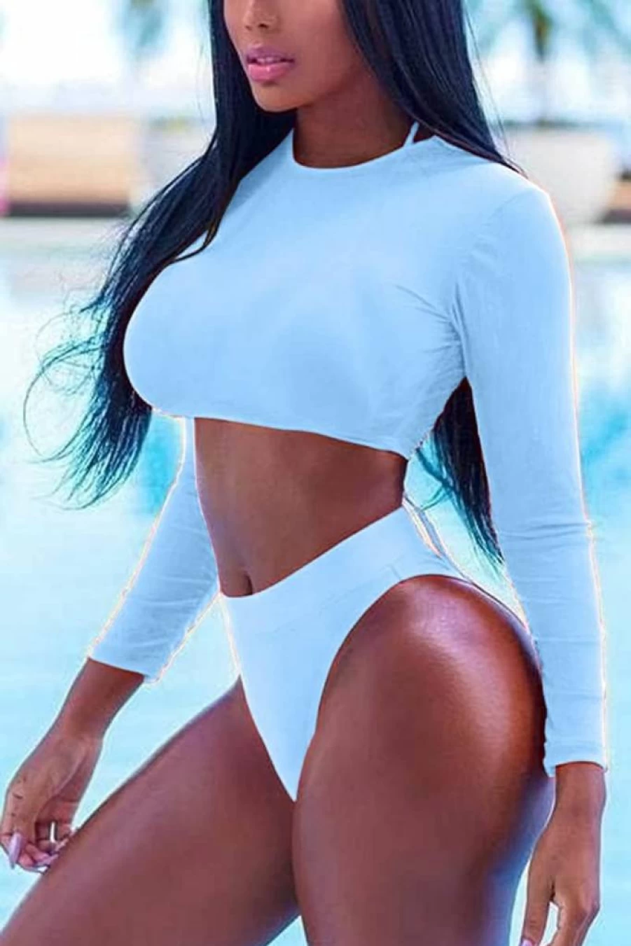 Meyeeka Women's High Waist Long Sleeve Rash Guard Swimsuit 3-Piece Set - Sexy UV Protection Swimwear