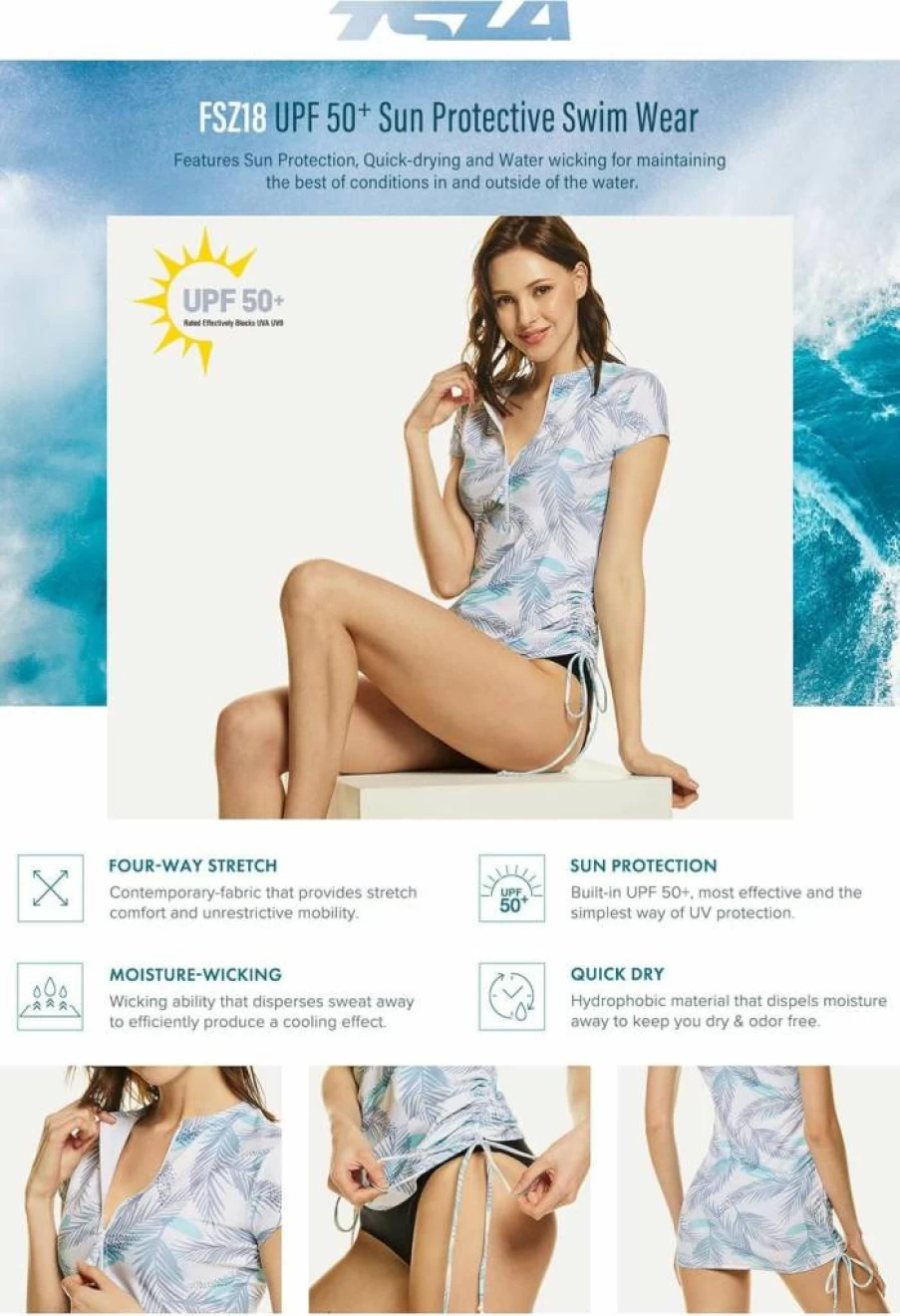 TSLA Women's UPF 50+ Sun Protection Swim Shirt - Adjustable Half-Zip Rash Guard with Short Sleeves for UV/Swimwear