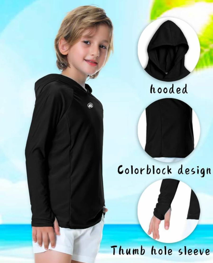 AOBUTE Kids UPF 50+ Sun Protection Long Sleeve Swim Shirt with Thumb Holes - Boys & Girls Rash Guard for Swimming (Ages 3-12)
