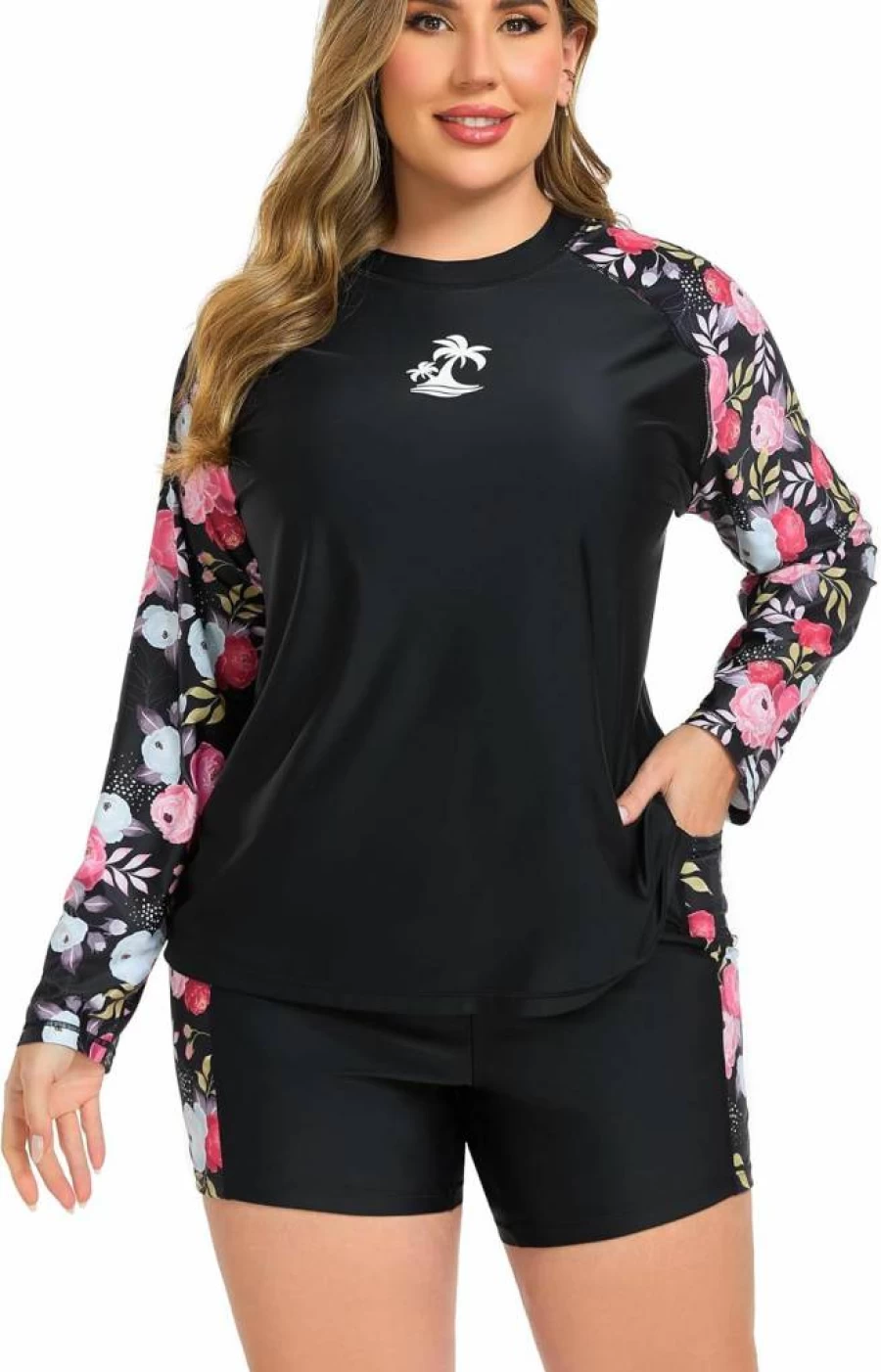JOYBIK Women's Plus Size UPF 50+ Swimwear Set - Long Sleeve Rash Guard Top with Built-In Bra & Pocket Shorts