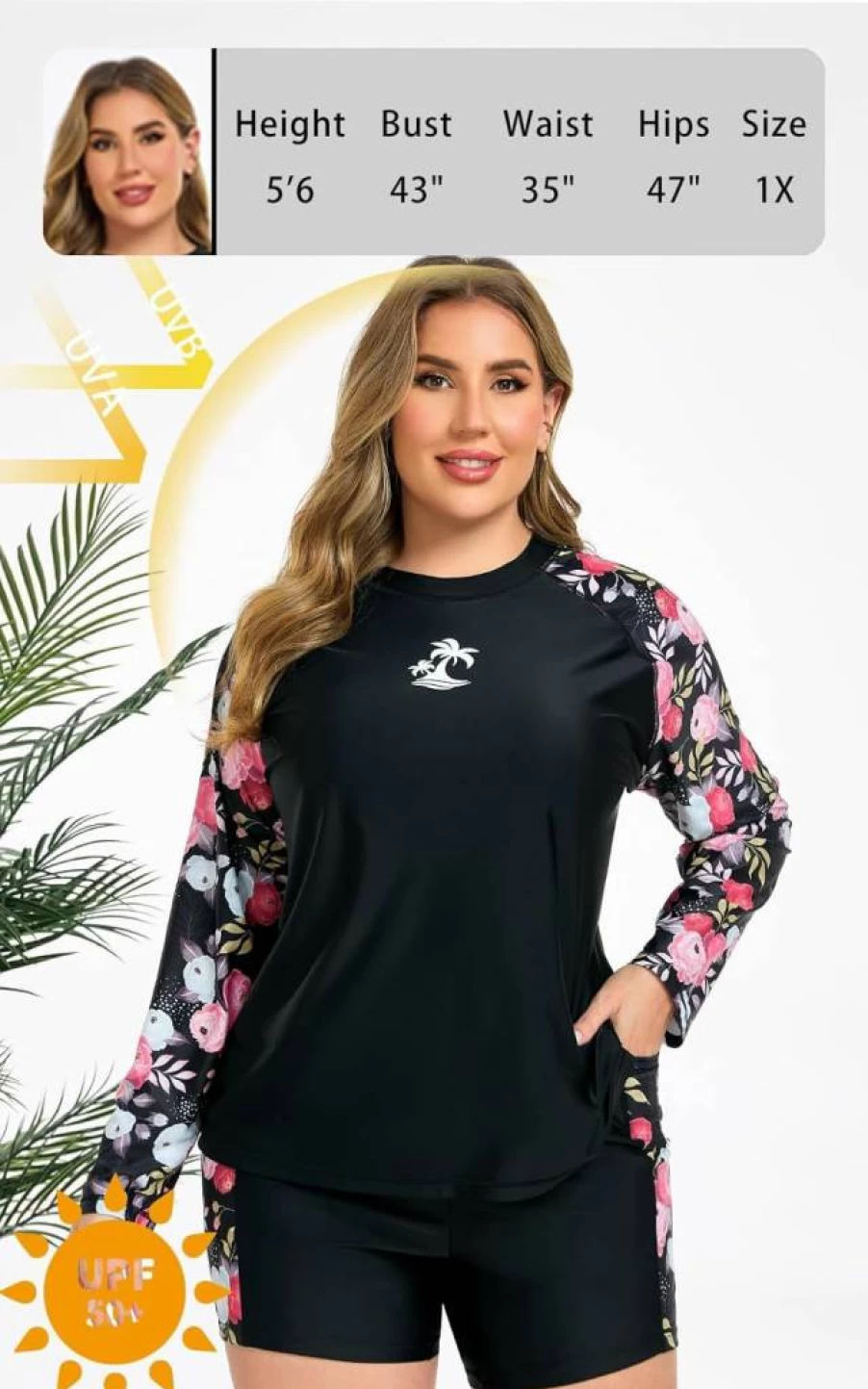JOYBIK Women's Plus Size UPF 50+ Swimwear Set - Long Sleeve Rash Guard Top with Built-In Bra & Pocket Shorts