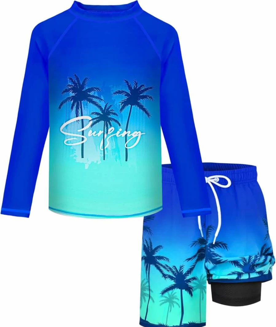 Sylfairy Boys Long Sleeve Rash Guard Swim Set with Quick Dry Trunks – UV Protection Kids Swimwear Sizes 7-16