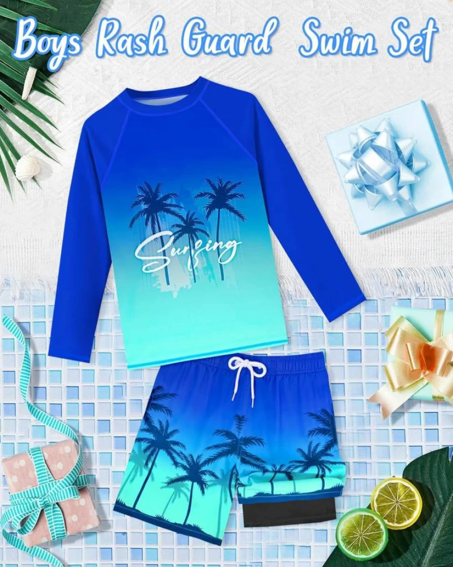 Sylfairy Boys Long Sleeve Rash Guard Swim Set with Quick Dry Trunks – UV Protection Kids Swimwear Sizes 7-16