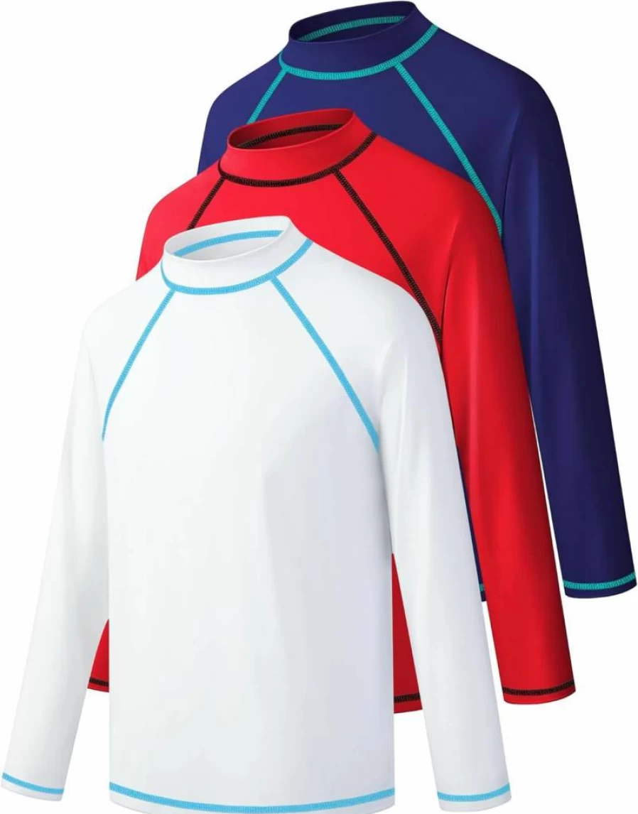 Bigant 3 Pack Boys UPF 50+ Long Sleeve Rash Guard Swim Shirt - Youth SPF Sun Protection Quick Dry Swimwear for Beach & Water Sports