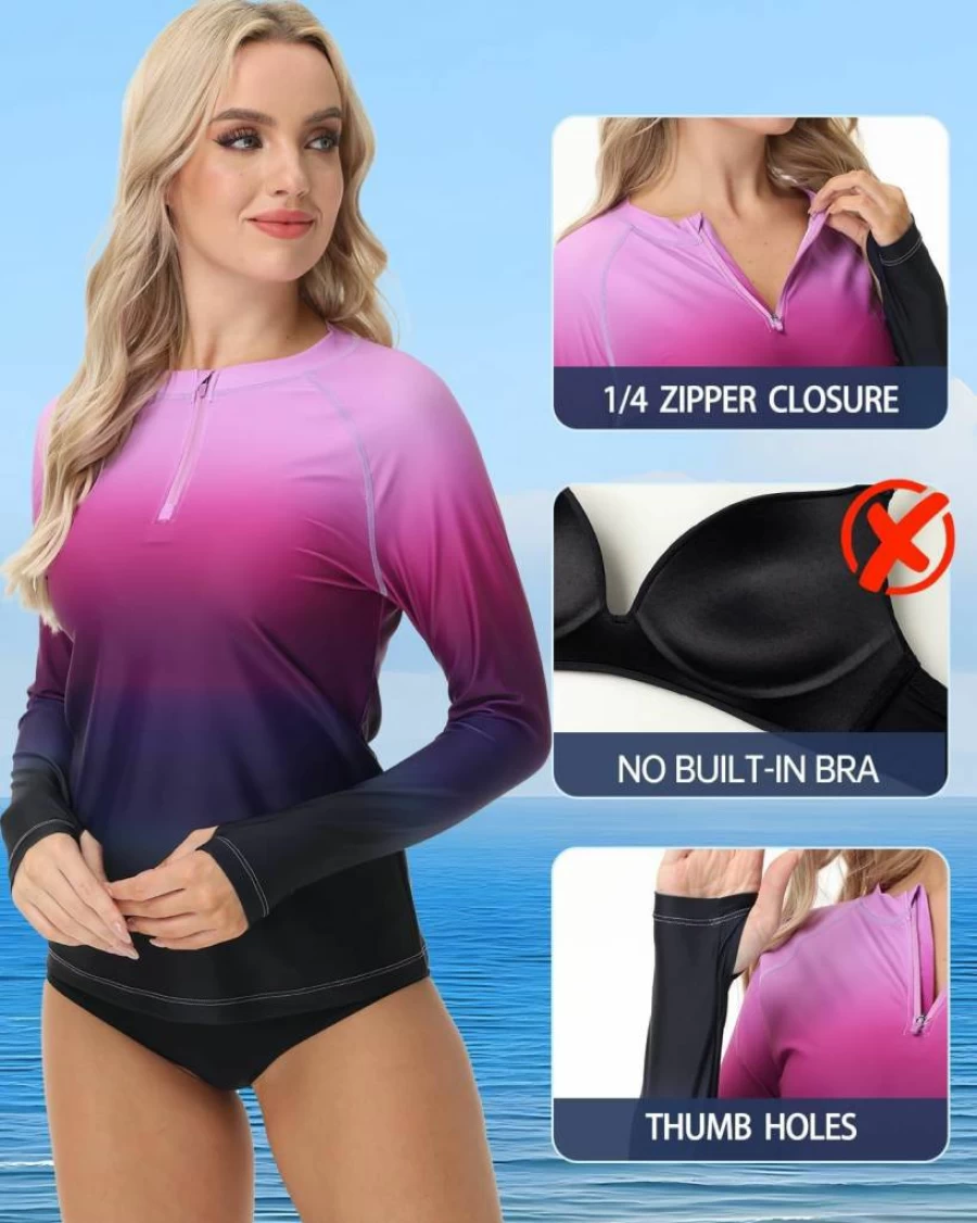 VAYAGER Women's UPF 50+ Rash Guard Swim Shirt - Long Sleeve 1/4 Zip UV Protection Top with Thumb Holes for Sun Safety