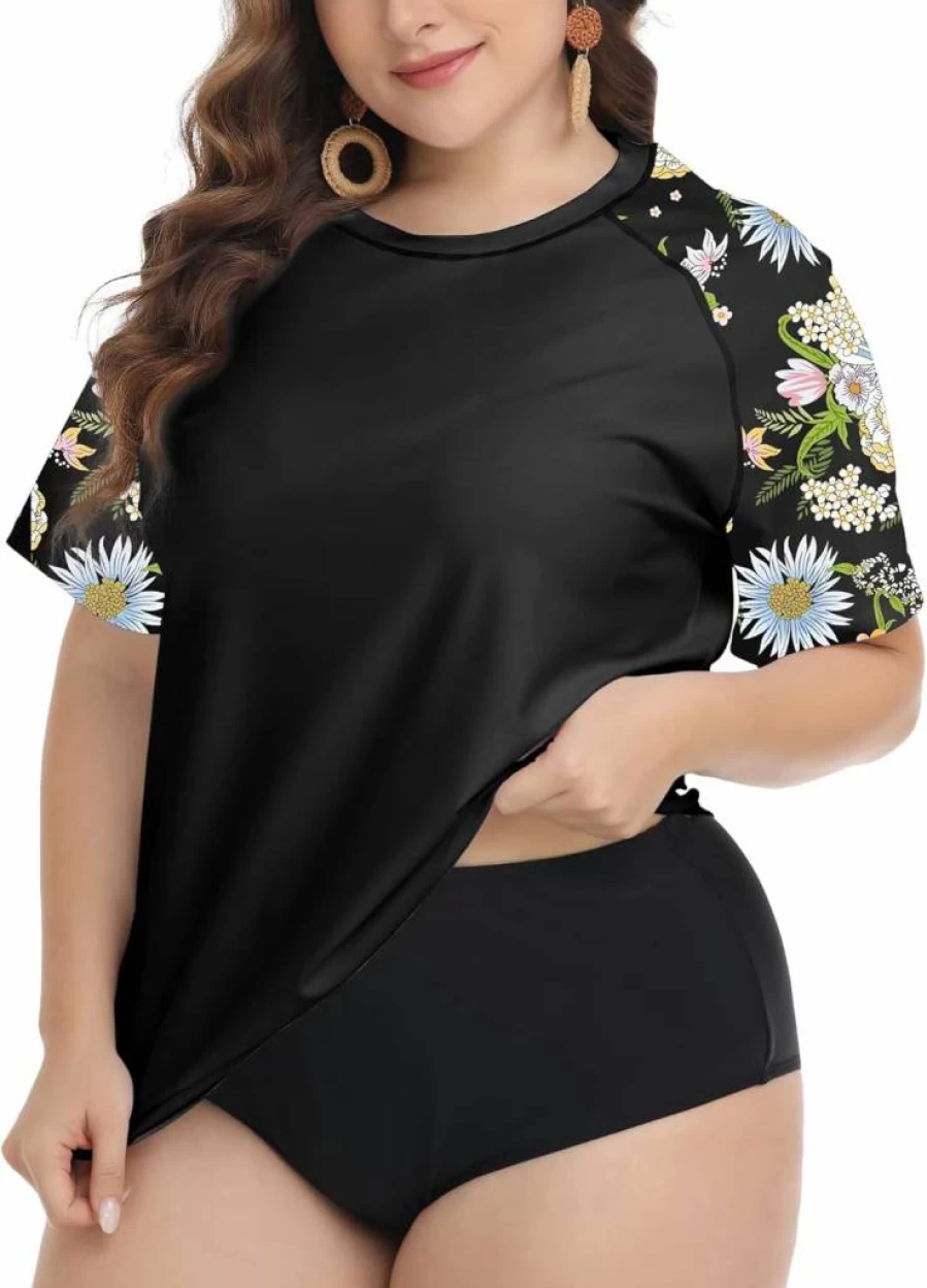 FOREYOND Women's Plus Size UPF 50+ Short Sleeve Rash Guard Swim Top for Sun Protection