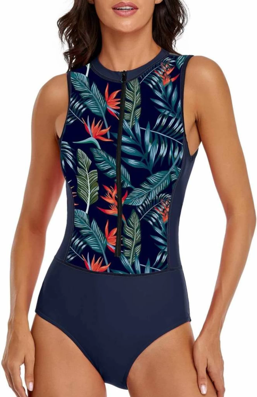 LVZIJUN Women's High Neck Sleeveless Zip-Up Rash Guard Swimsuit UPF 50 Surfing Swimwear for Women
