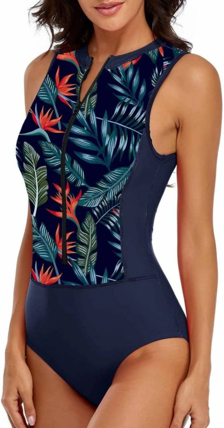 LVZIJUN Women's High Neck Sleeveless Zip-Up Rash Guard Swimsuit UPF 50 Surfing Swimwear for Women