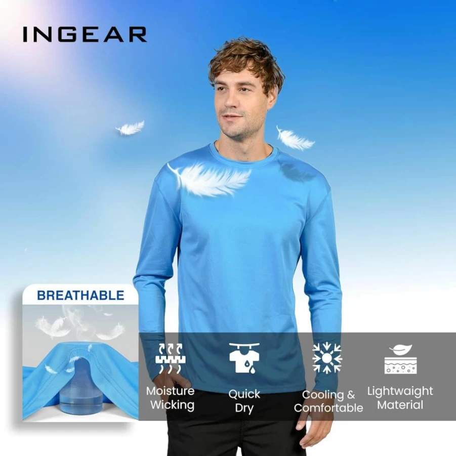 INGEAR Men's UPF 50+ Sun Protection Swim Shirt Long Sleeve Rash Guard for Swimming & Surfing