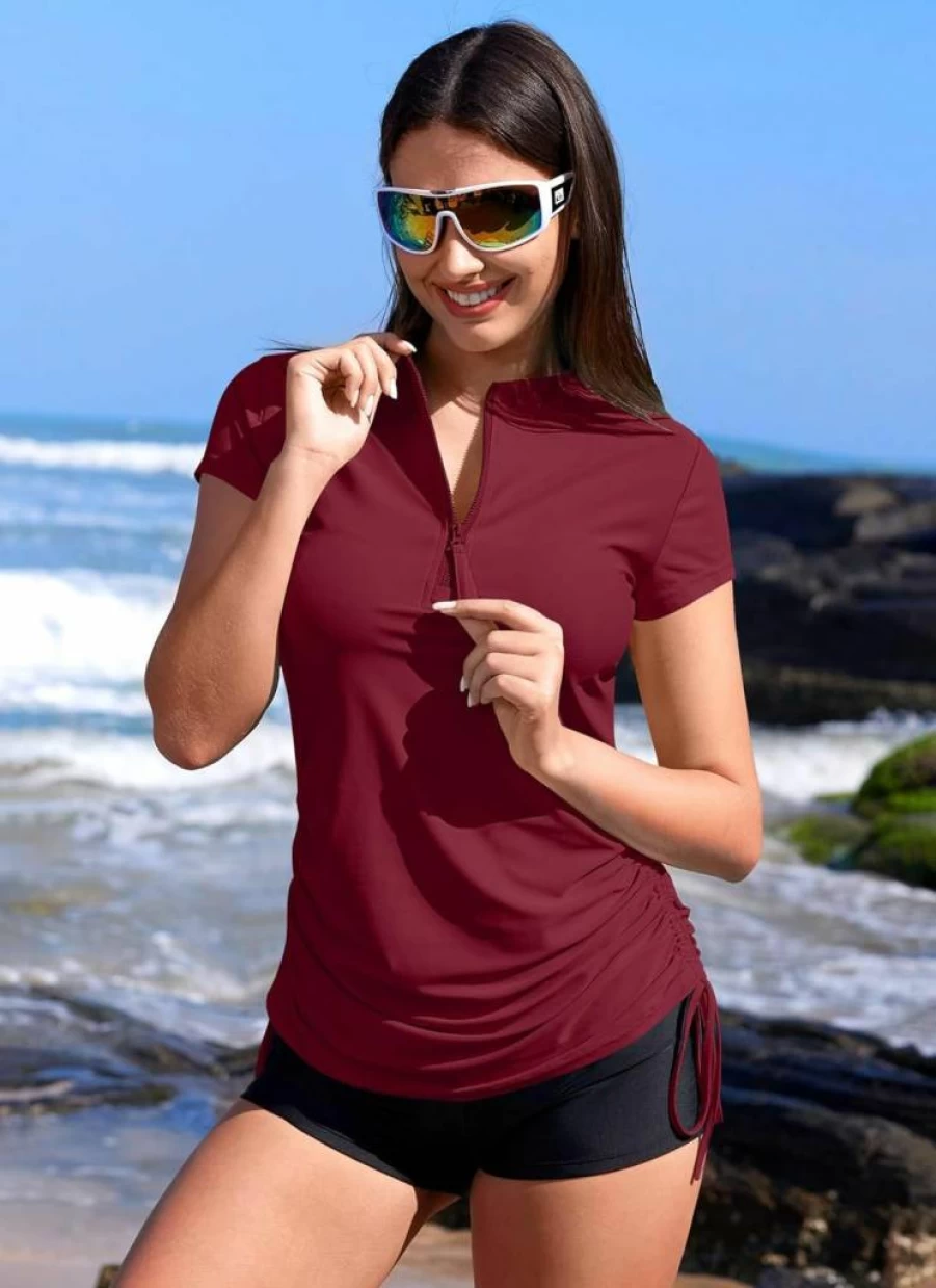 BesserBay Women's UPF 50 Sun Protection 1/4 Zip Rash Guard Shirt Short Sleeve Swim Top