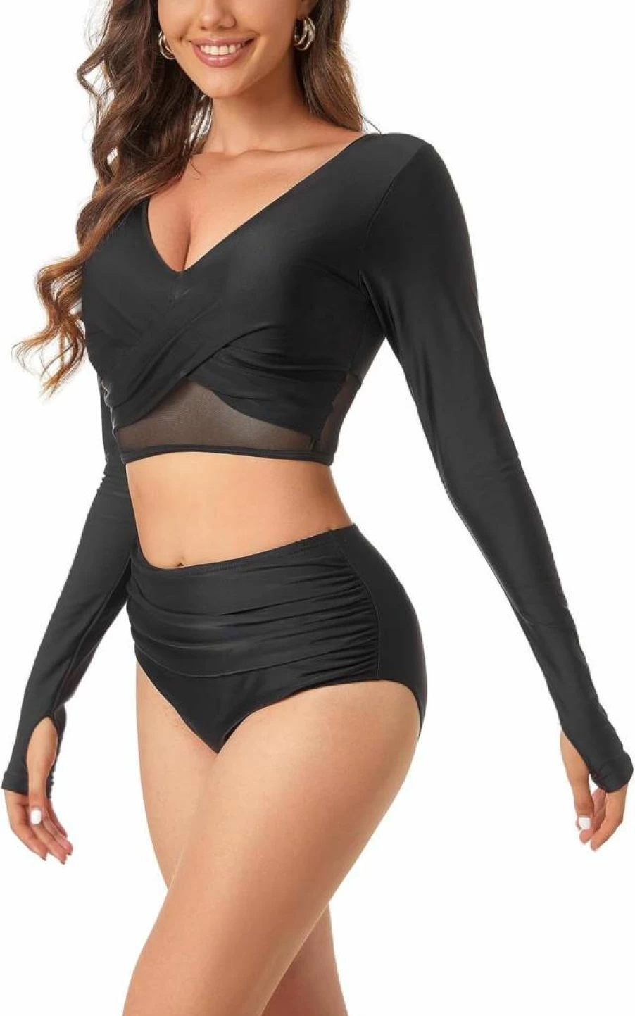 FEOYA Women's UV Protection Long Sleeve Rash Guard Two Piece Swimsuit - Printed Surf & Sun Bathing Suit
