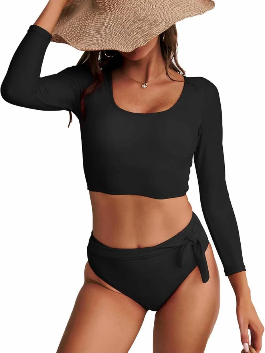 GirlsUpto Women's High Waisted Bikini Set - Long Sleeve Rash Guard Swimwear & Crop Top Two Piece Swimsuits for Teen Girls