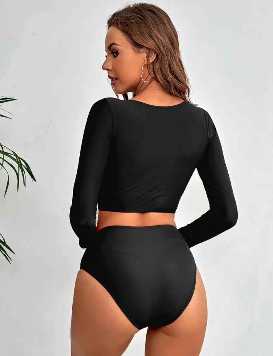 GirlsUpto Women's High Waisted Bikini Set - Long Sleeve Rash Guard Swimwear & Crop Top Two Piece Swimsuits for Teen Girls