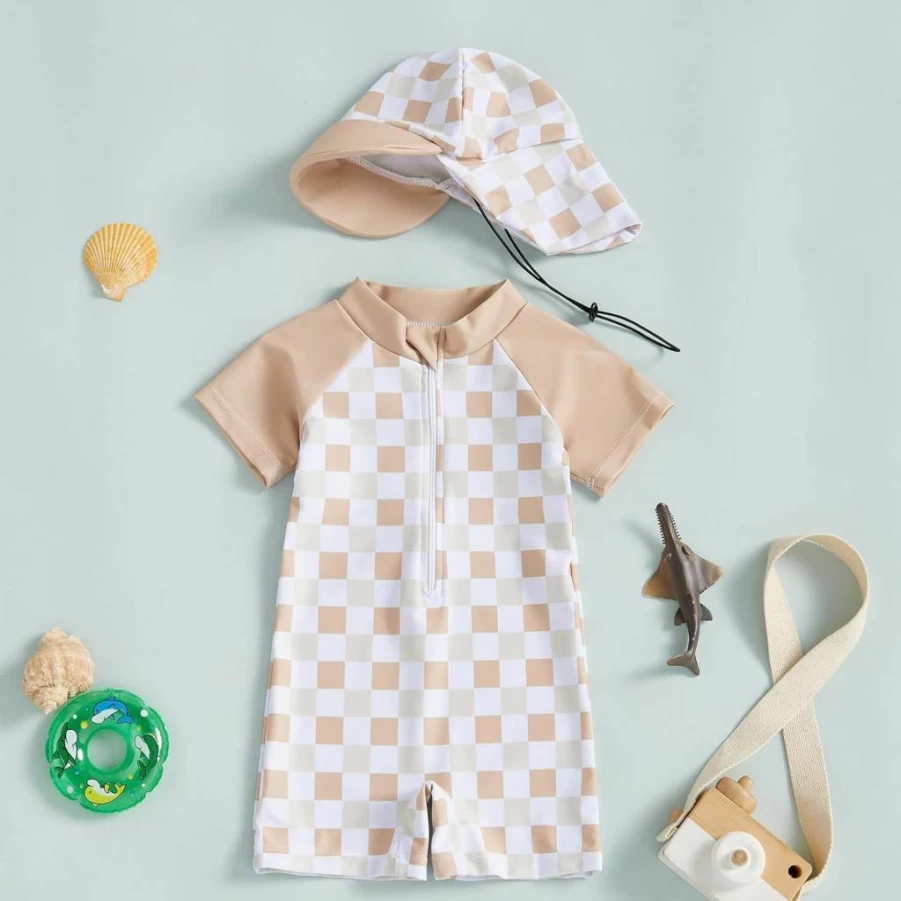 Dewadbow Toddler Swimsuit for Boys & Girls - Checkered Print Rash Guard One-Piece Bathing Suit with UV Protection and Matching Hat