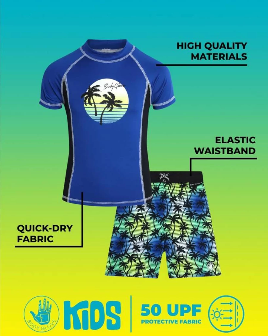 Body Glove Boys 2-Piece UPF 50+ Swimwear Set - Swim Trunks & Rash Guard for Kids (Sizes 4-12) | Sun Protection Swim Outfit