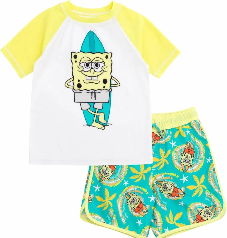 SpongeBob SquarePants Kids Rash Guard and Swim Trunks Set UPF 50+ for Boys and Girls Sizes 5-16 Surfing Beach Outfit