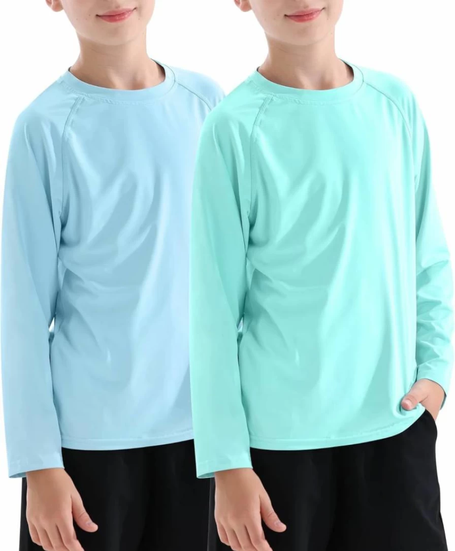 Dizoboee UPF 50+ Boys' Long Sleeve Rash Guard Swim Shirt 2 Pack - Sun Protection UV Swimwear for Kids Beach & Fishing