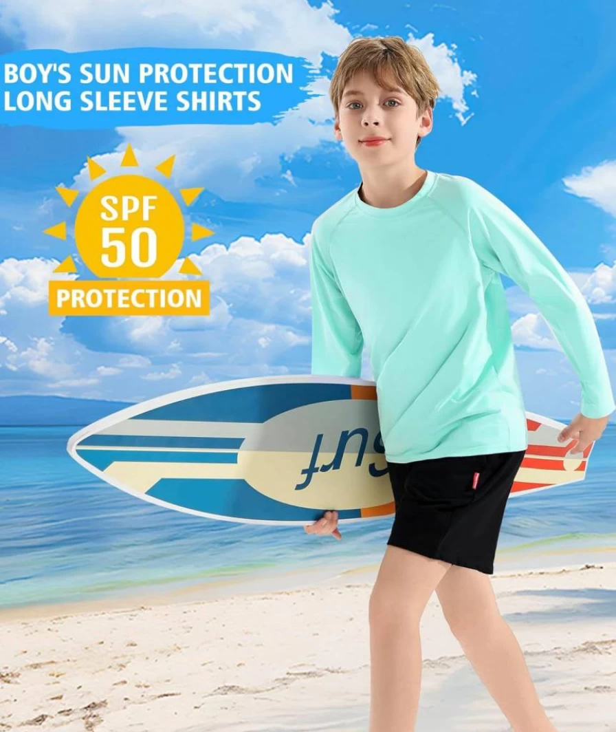 Dizoboee UPF 50+ Boys' Long Sleeve Rash Guard Swim Shirt 2 Pack - Sun Protection UV Swimwear for Kids Beach & Fishing