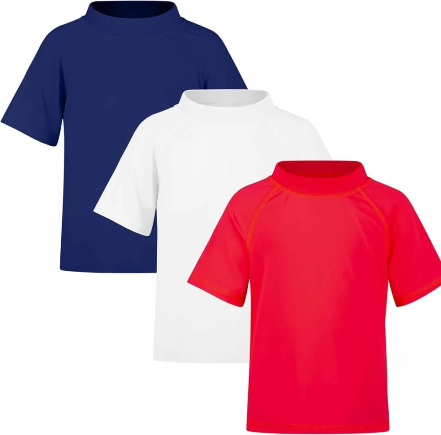 BIG ELEPHANT Kids Rash Guard Shirt 3 Pack - UPF 50+ Sun Protection, Quick Dry Swim Shirt, Youth Short Sleeve Swim Tee
