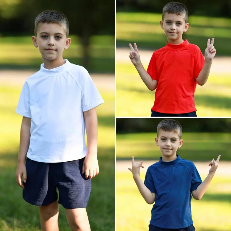BIG ELEPHANT Kids Rash Guard Shirt 3 Pack - UPF 50+ Sun Protection, Quick Dry Swim Shirt, Youth Short Sleeve Swim Tee