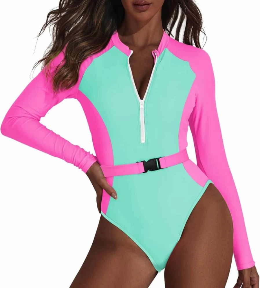 Century Star Women's 80s 90s Retro Neon One Piece Swimsuit Long Sleeve High Cut Bathing Suit Tummy Control Surf Rash Guard with Zipper