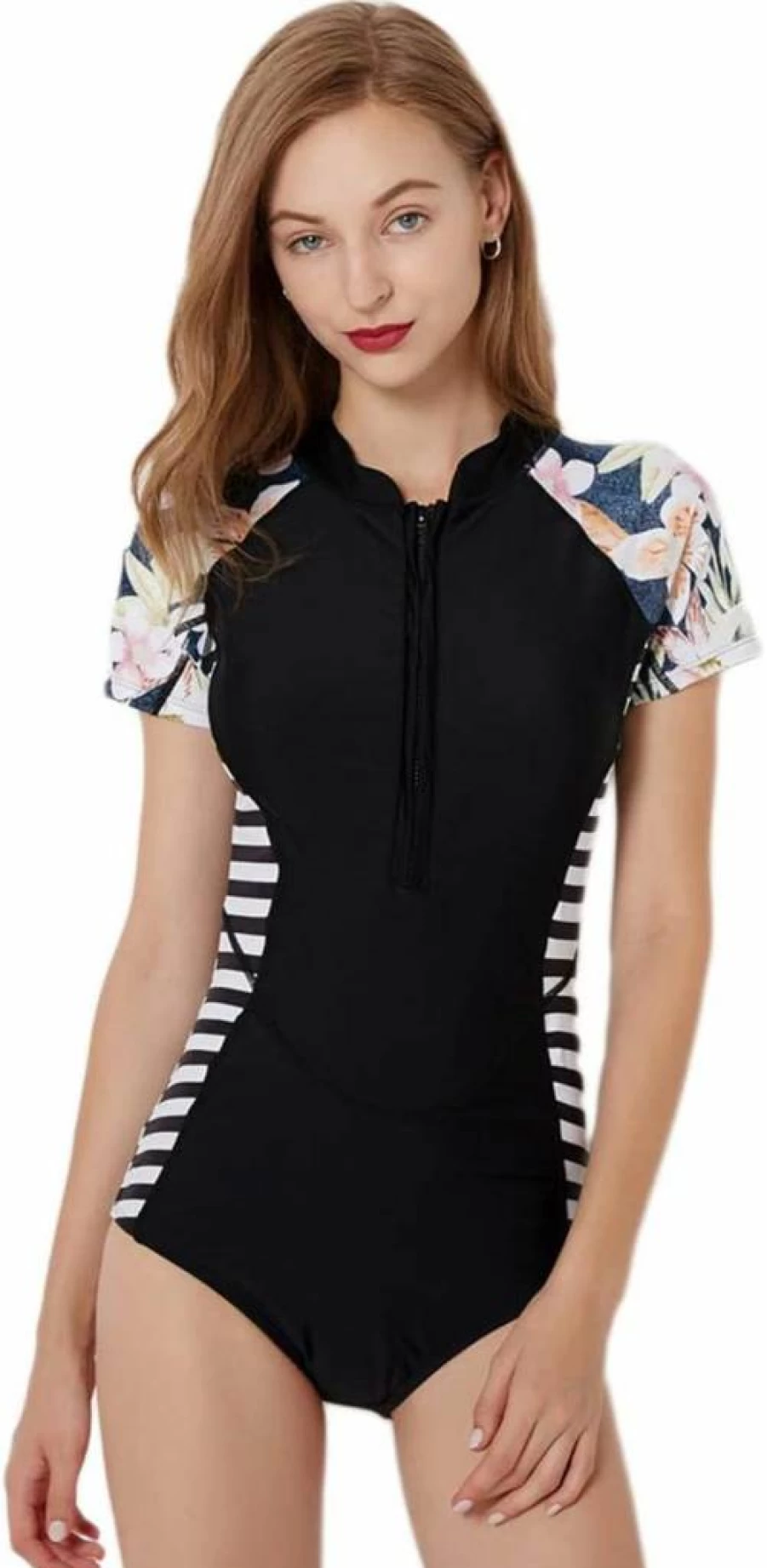 Micosuza Women's Short Sleeve Zip-Up Rash Guard One Piece Swimsuit - Printed UV Protection Swimwear
