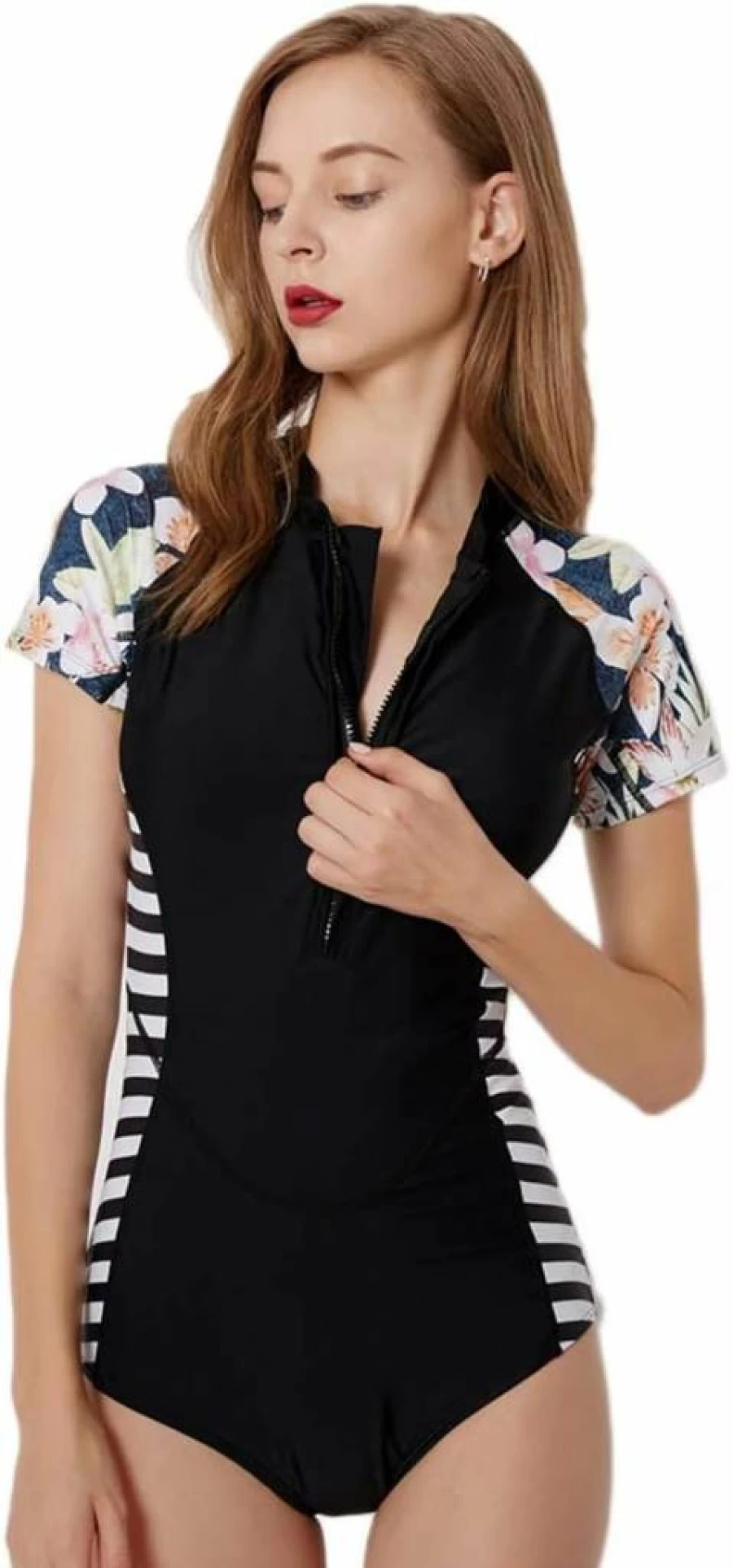 Micosuza Women's Short Sleeve Zip-Up Rash Guard One Piece Swimsuit - Printed UV Protection Swimwear
