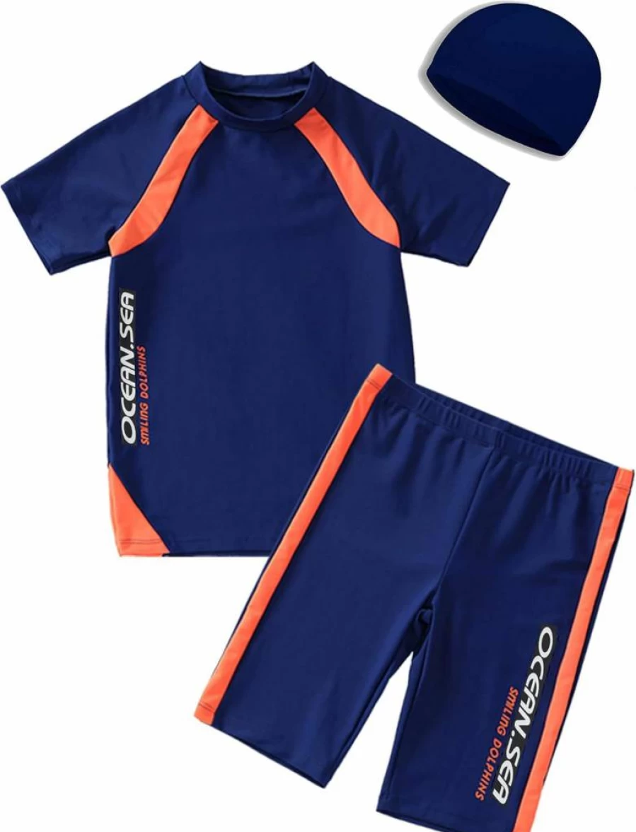 KID1234 UPF 50+ Boys Rash Guard Swim Set with UV Protection Hat for Kids Ages 4-14 Years