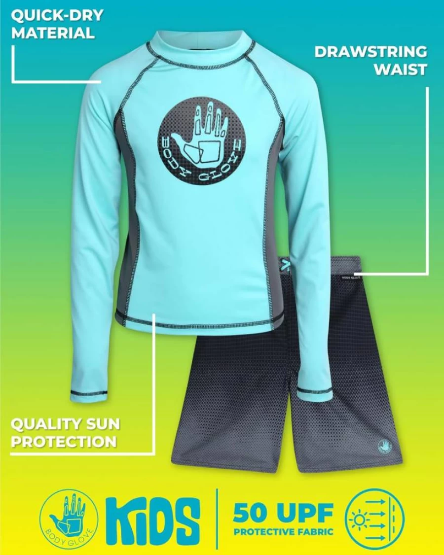 Body Glove Boys 2-Piece Swim Set with UV Protection Rash Guard & Swim Trunks (Sizes 4-12) - Kids Bathing Suits for Swimming & Beach