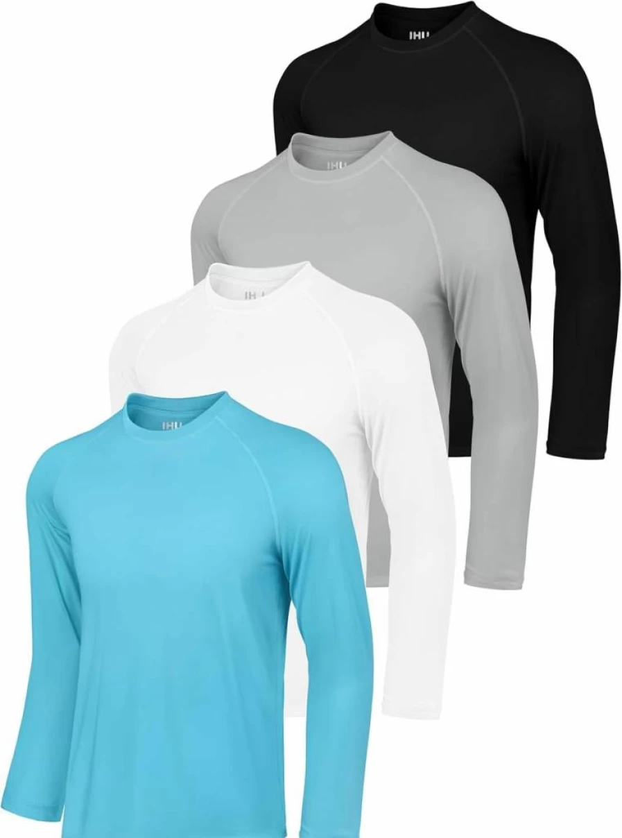 IHU Men's Long Sleeve Rash Guard Swim Shirt 4-Pack - UPF 50+ Sun Protection, Dry Fit Athletic Shirts for Swimming, Fishing & Outdoor Activities